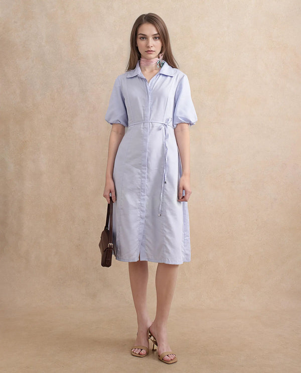 Rareism Women's Ronwer Blue Cotton Blend Fabric Collared Neck Button Closure Balloon Sleeve Plain Fit And Flare Midi Dress