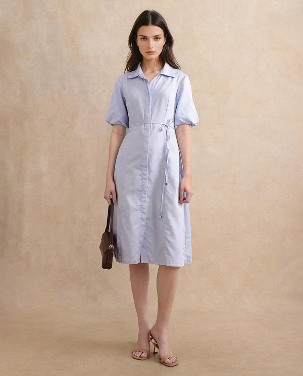 Rareism Women's Ronwer Blue Cotton Blend Fabric Collared Neck Button Closure Balloon Sleeve Plain Fit And Flare Midi Dress