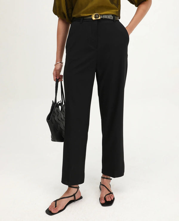 Rareism Women Ronwip Black 63% Polyester 33% Viscose 4% Spandex Fabric Straight Fit Plain Trouser