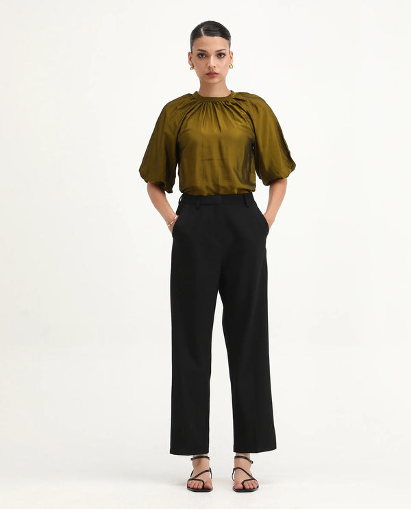 Rareism Women Ronwip Black 63% Polyester 33% Viscose 4% Spandex Fabric Straight Fit Plain Trouser