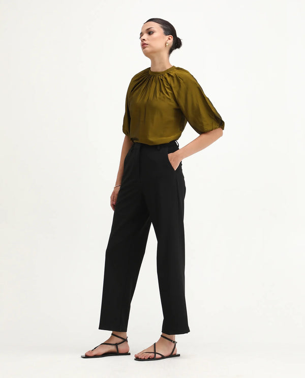Rareism Women Ronwip Black 63% Polyester 33% Viscose 4% Spandex Fabric Straight Fit Plain Trouser