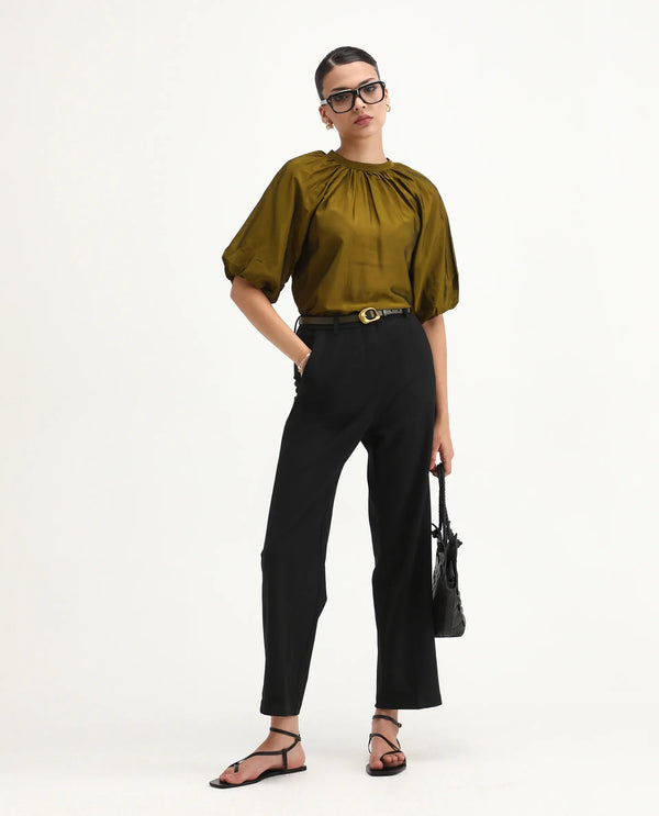 Rareism Women Ronwip Black 63% Polyester 33% Viscose 4% Spandex Fabric Straight Fit Plain Trouser