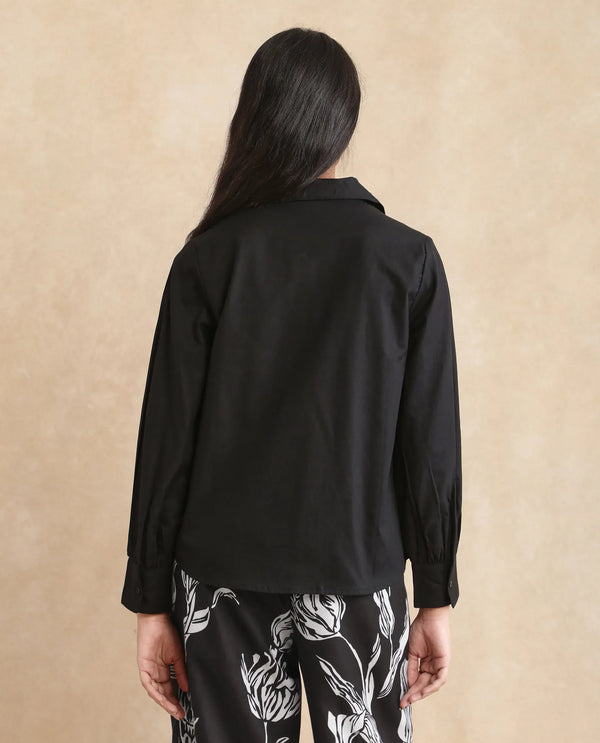 Rareism Women Ronwopi Black 100% Modal Fabric Cuffed Sleeve Collared Neck Regular Fit Plain Shirt
