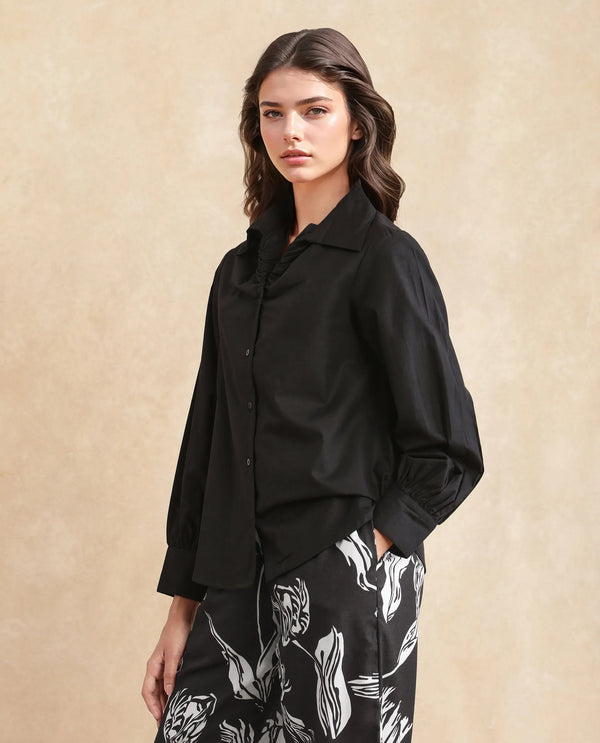 Rareism Women Ronwopi Black 100% Modal Fabric Cuffed Sleeve Collared Neck Regular Fit Plain Shirt