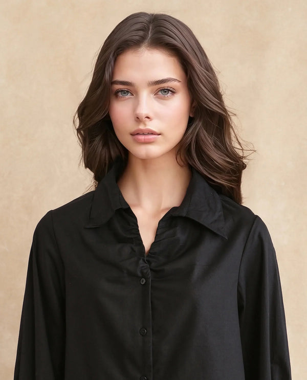 Rareism Women Ronwopi Black 100% Modal Fabric Cuffed Sleeve Collared Neck Regular Fit Plain Shirt