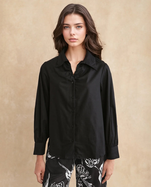 Rareism Women Ronwopi Black 100% Modal Fabric Cuffed Sleeve Collared Neck Regular Fit Plain Shirt