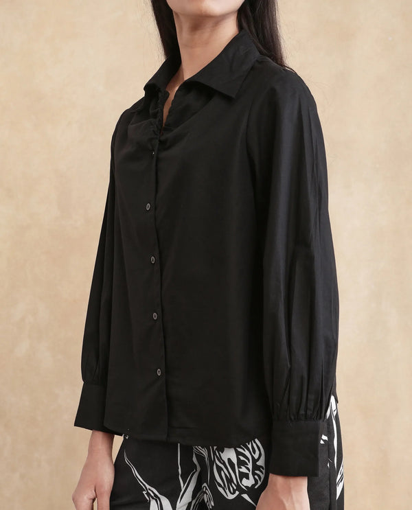 Rareism Women Ronwopi Black 100% Modal Fabric Cuffed Sleeve Collared Neck Regular Fit Plain Shirt
