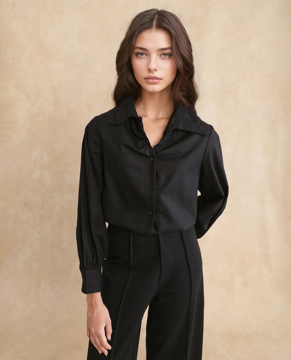 Rareism Women Ronwopi Black 100% Modal Fabric Cuffed Sleeve Collared Neck Regular Fit Plain Shirt