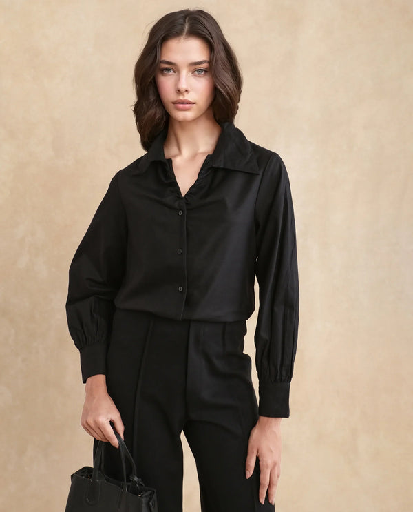 Rareism Women Ronwopi Black 100% Modal Fabric Cuffed Sleeve Collared Neck Regular Fit Plain Shirt