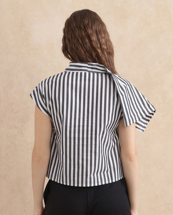 Rareism Women Ronwor White Cotton Fabric Extended Sleeve Cowl Neck Regular Fit Narrow Striped Top