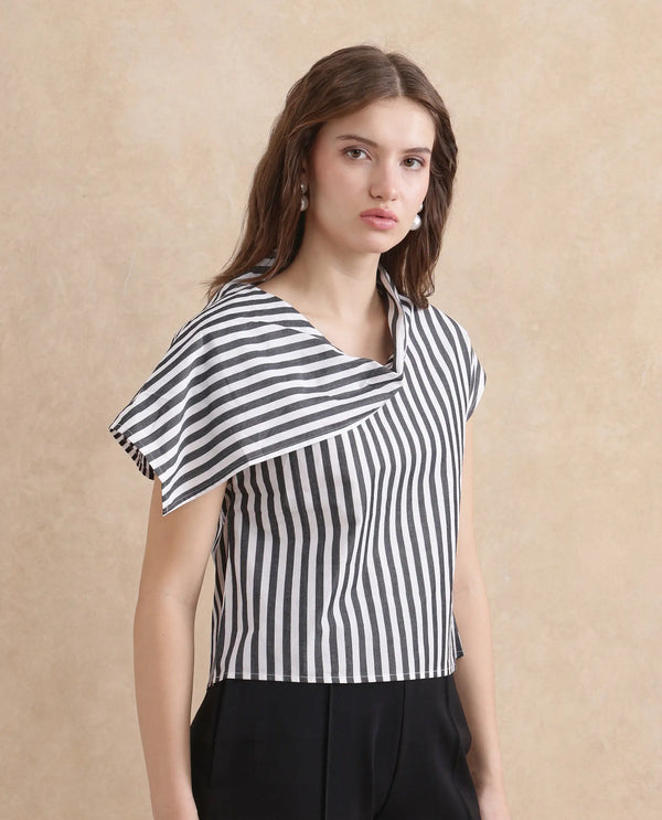 Rareism Women Ronwor White Cotton Fabric Extended Sleeve Cowl Neck Regular Fit Narrow Striped Top