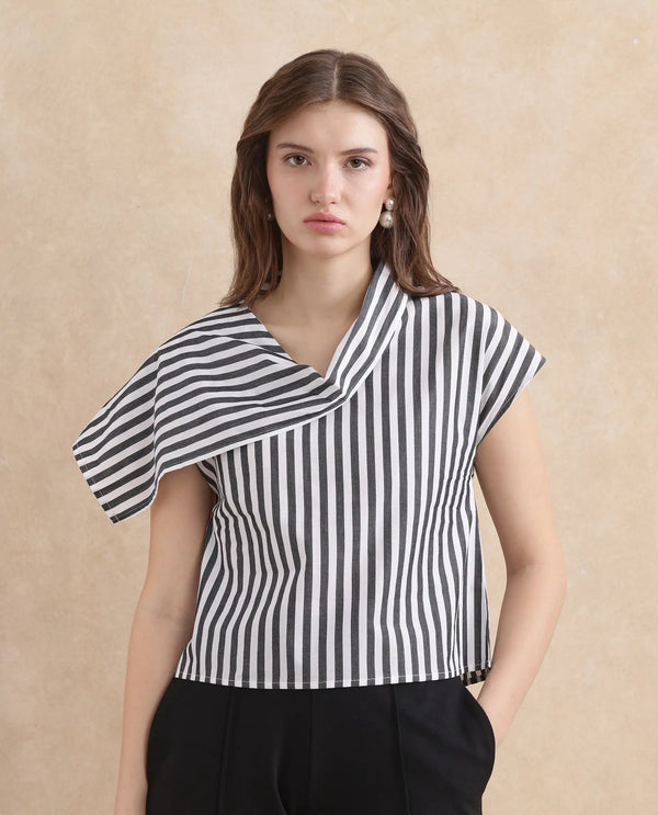 Rareism Women Ronwor White Cotton Fabric Extended Sleeve Cowl Neck Regular Fit Narrow Striped Top