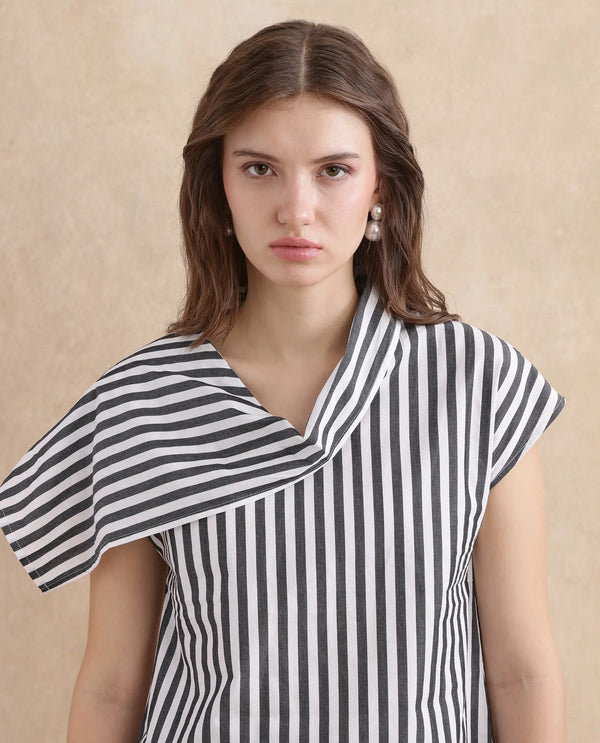 Rareism Women Ronwor White Cotton Fabric Extended Sleeve Cowl Neck Regular Fit Narrow Striped Top