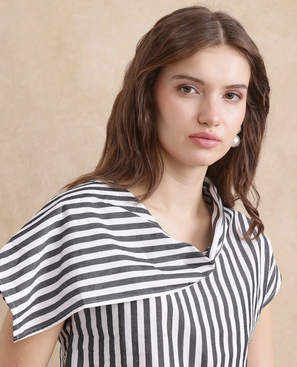 Rareism Women Ronwor White Cotton Fabric Extended Sleeve Cowl Neck Regular Fit Narrow Striped Top