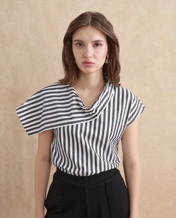 Rareism Women Ronwor White Cotton Fabric Extended Sleeve Cowl Neck Regular Fit Narrow Striped Top