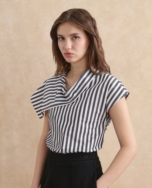 Rareism Women Ronwor White Cotton Fabric Extended Sleeve Cowl Neck Regular Fit Narrow Striped Top