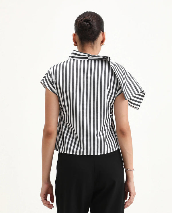 Rareism Women Ronwor White 100% Cotton Fabric Extended Sleeve Cowl Neck Regular Fit Narrow Striped Top