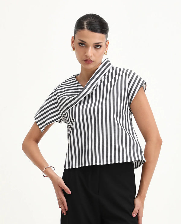 Rareism Women Ronwor White 100% Cotton Fabric Extended Sleeve Cowl Neck Regular Fit Narrow Striped Top