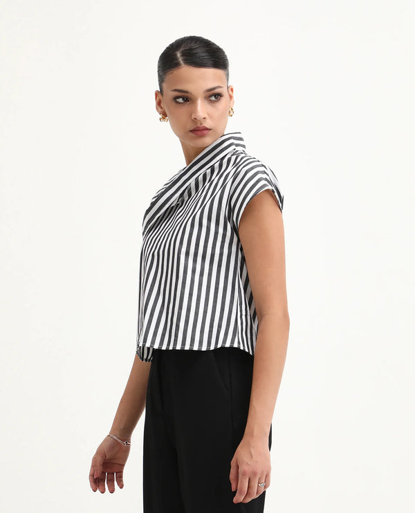 Rareism Women Ronwor White 100% Cotton Fabric Extended Sleeve Cowl Neck Regular Fit Narrow Striped Top