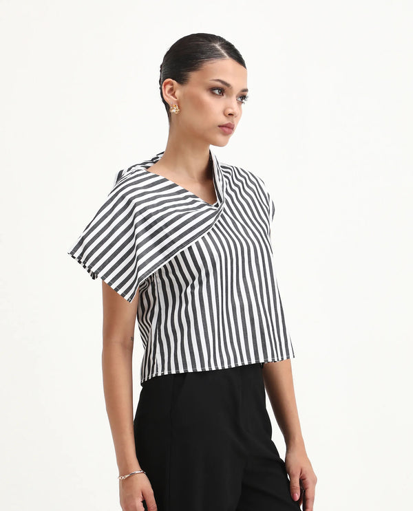 Rareism Women Ronwor White 100% Cotton Fabric Extended Sleeve Cowl Neck Regular Fit Narrow Striped Top