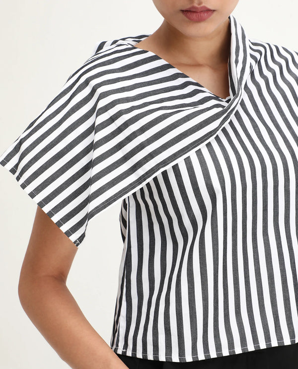 Rareism Women Ronwor White 100% Cotton Fabric Extended Sleeve Cowl Neck Regular Fit Narrow Striped Top