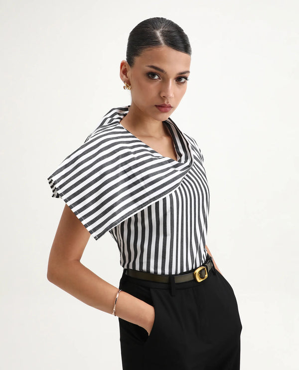 Rareism Women Ronwor White 100% Cotton Fabric Extended Sleeve Cowl Neck Regular Fit Narrow Striped Top