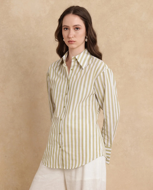 Rareism Women Ronwoz Green Cotton Fabric Cuffed Sleeve Collared Neck Regular Fit Narrow Stripes Shirt