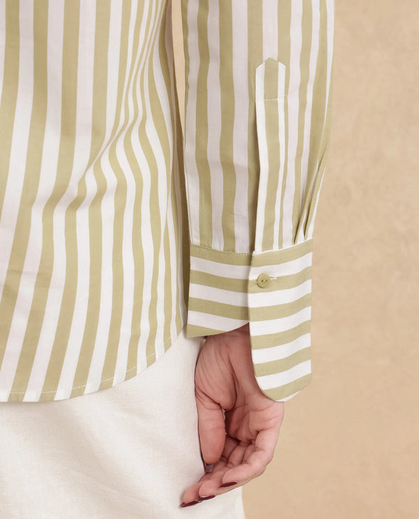 Rareism Women Ronwoz Green Cotton Fabric Cuffed Sleeve Collared Neck Regular Fit Narrow Stripes Shirt