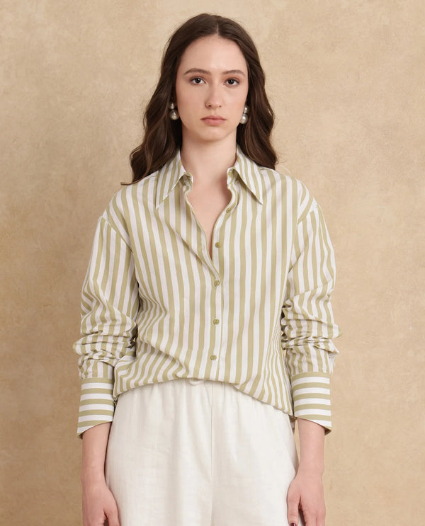 Rareism Women Ronwoz Green Cotton Fabric Cuffed Sleeve Collared Neck Regular Fit Narrow Stripes Shirt