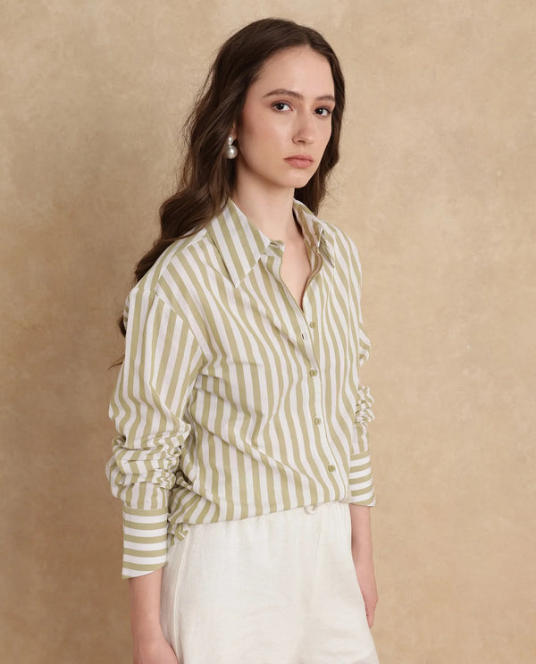 Rareism Women Ronwoz Green Cotton Fabric Cuffed Sleeve Collared Neck Regular Fit Narrow Stripes Shirt