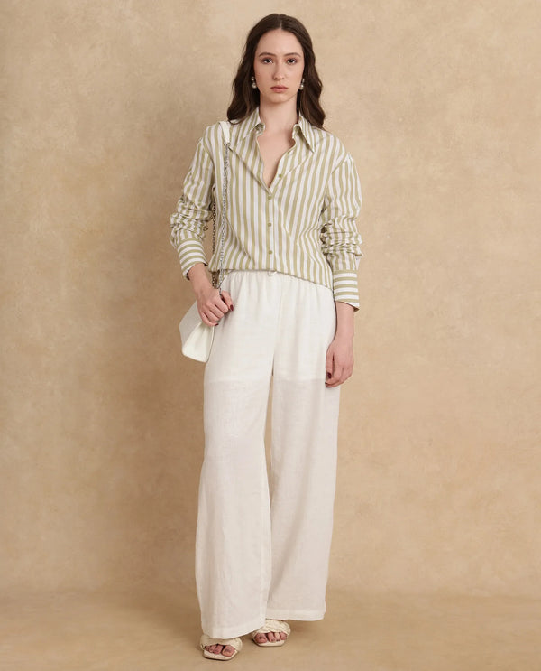 Rareism Women Ronwoz Green Cotton Fabric Cuffed Sleeve Collared Neck Regular Fit Narrow Stripes Shirt