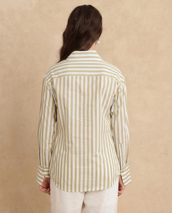 Rareism Women Ronwoz Green Cotton Fabric Cuffed Sleeve Collared Neck Regular Fit Narrow Stripes Shirt