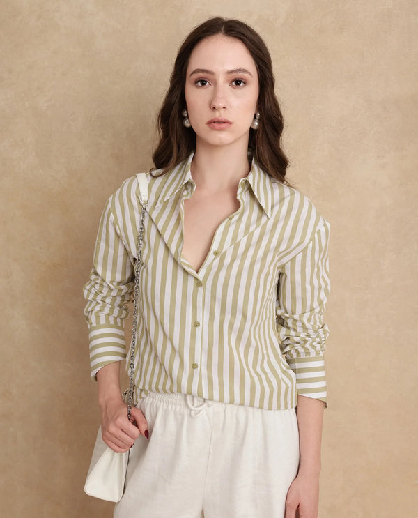 Rareism Women Ronwoz Green Cotton Fabric Cuffed Sleeve Collared Neck Regular Fit Narrow Stripes Shirt