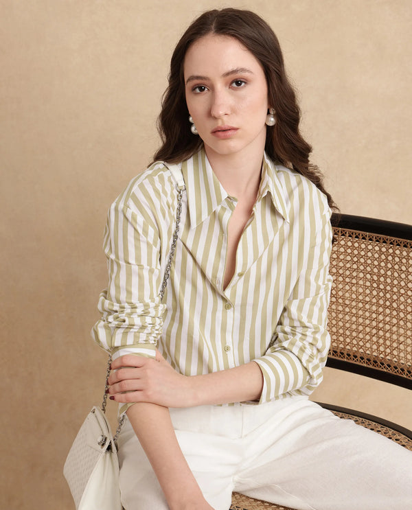 Rareism Women Ronwoz Green Cotton Fabric Cuffed Sleeve Collared Neck Regular Fit Narrow Stripes Shirt