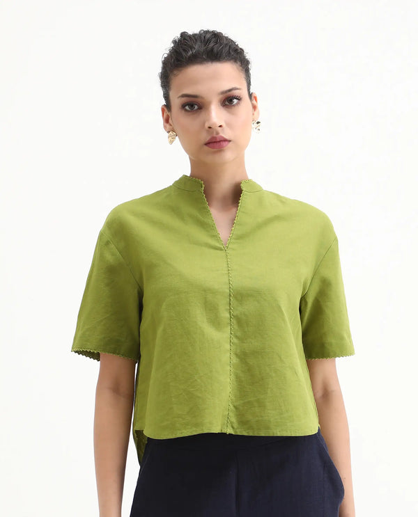 Rareism Women Rony Olive Cotton Linen Fabric Regular Sleeve V-Neck Regular Fit Plain Top