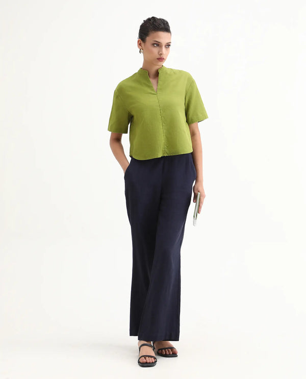Rareism Women Rony Olive Cotton Linen Fabric Regular Sleeve V-Neck Regular Fit Plain Top