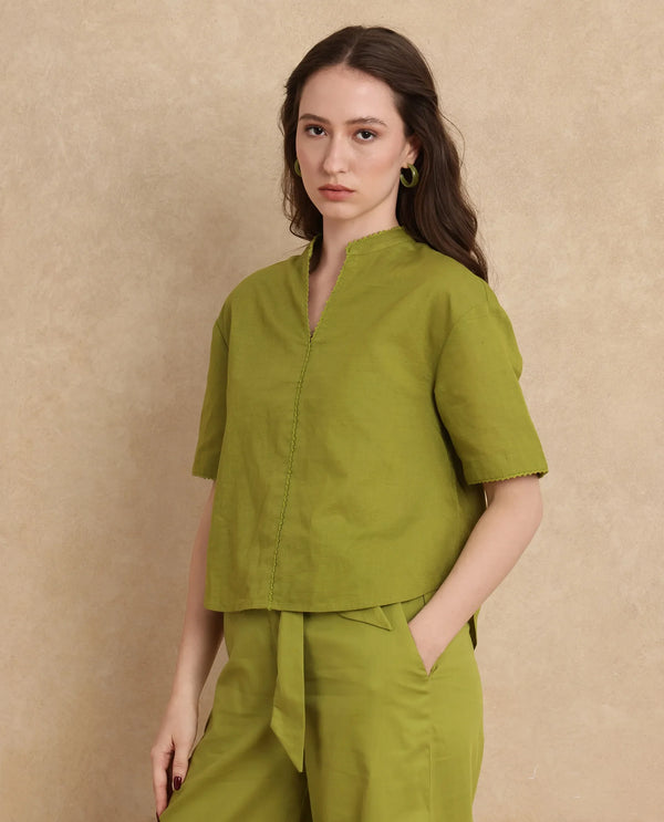 Rareism Women Rony Olive Cotton Linen Fabric Regular Sleeve V-Neck Regular Fit Plain Top