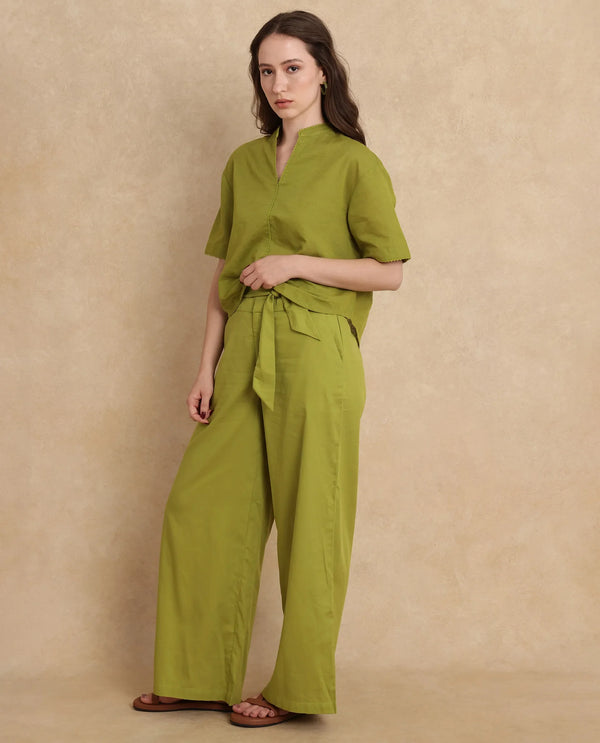 Rareism Women Rony Olive Cotton Linen Fabric Regular Sleeve V-Neck Regular Fit Plain Top