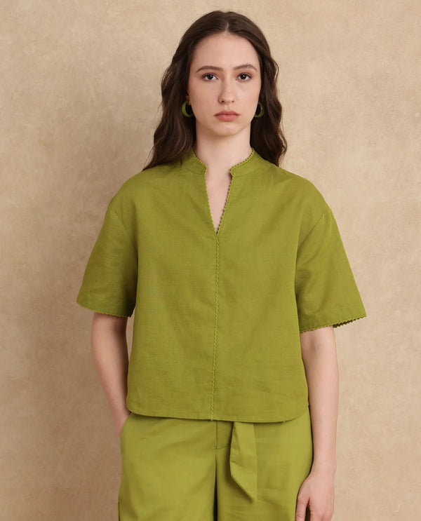 Rareism Women Rony Olive Cotton Linen Fabric Regular Sleeve V-Neck Regular Fit Plain Top