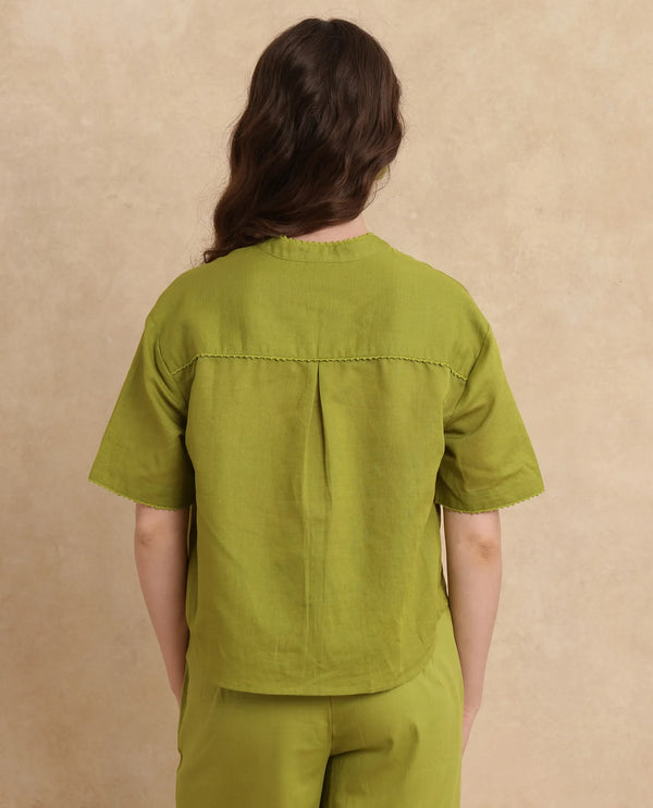 Rareism Women Rony Olive Cotton Linen Fabric Regular Sleeve V-Neck Regular Fit Plain Top