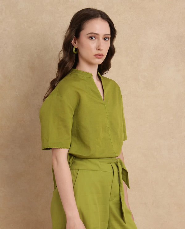 Rareism Women Rony Olive Cotton Linen Fabric Regular Sleeve V-Neck Regular Fit Plain Top