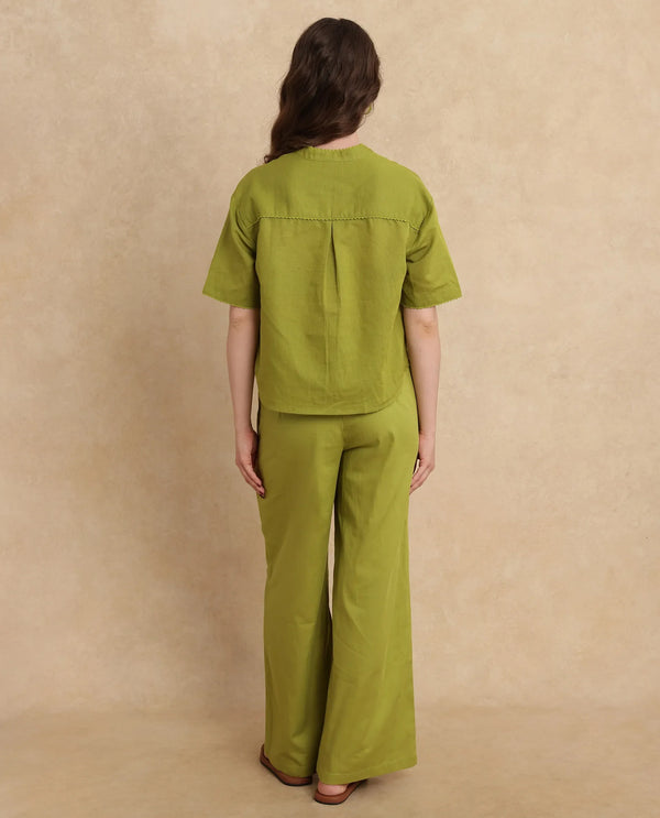 Rareism Women Rony Olive Cotton Linen Fabric Regular Sleeve V-Neck Regular Fit Plain Top