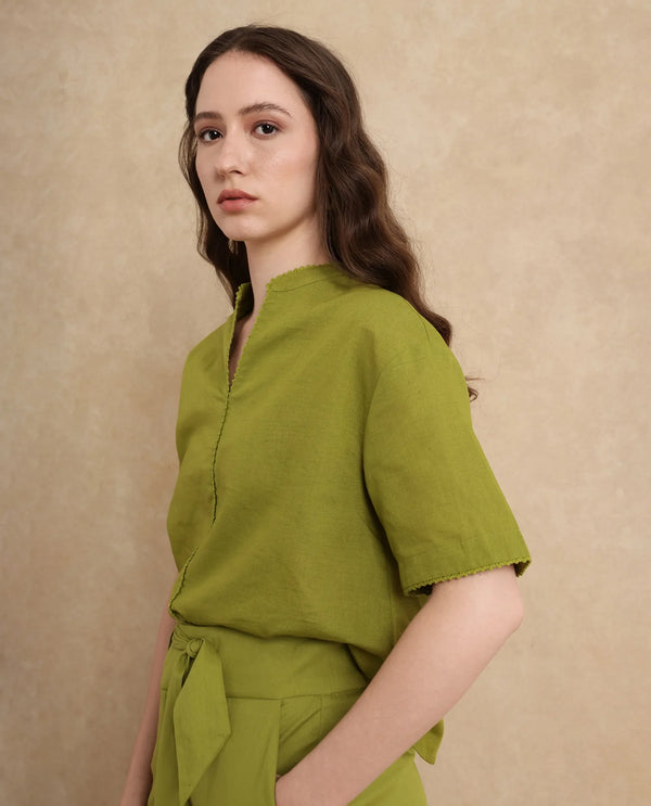 Rareism Women Rony Olive Cotton Linen Fabric Regular Sleeve V-Neck Regular Fit Plain Top
