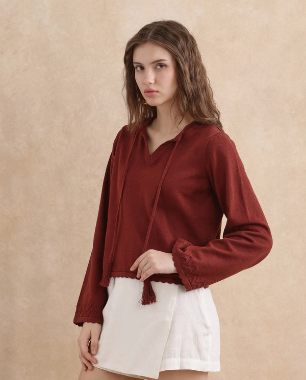 Rareism Women Ronzmu Dark Brown Cotton Fabric Full Sleeve Relaxed Fit Top
