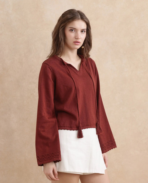 Rareism Women Ronzmu Dark Brown Cotton Fabric Full Sleeve Relaxed Fit Top