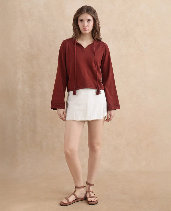 Rareism Women Ronzmu Dark Brown Cotton Fabric Full Sleeve Relaxed Fit Top