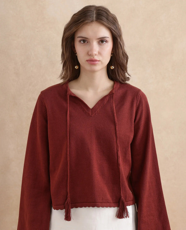 Rareism Women Ronzmu Dark Brown Cotton Fabric Full Sleeve Relaxed Fit Top