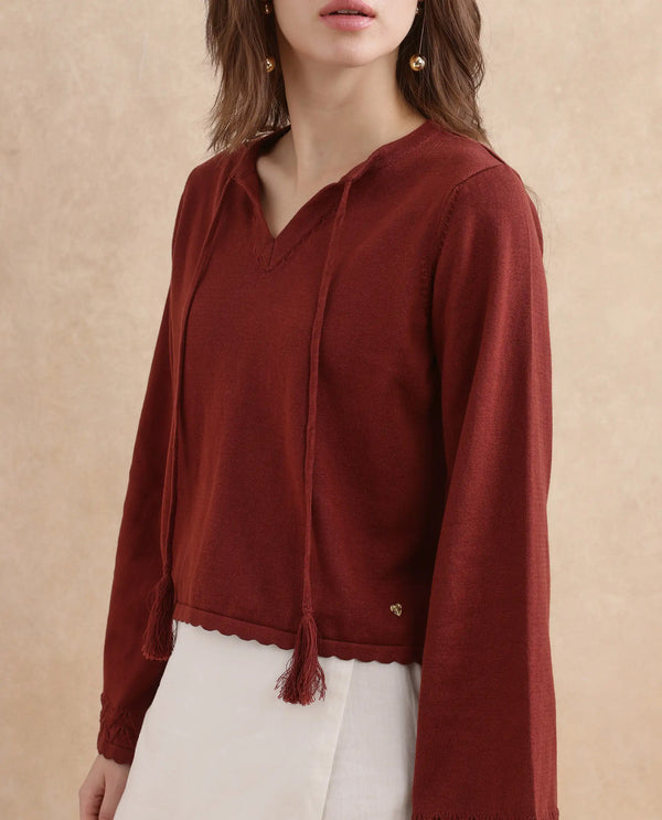 Rareism Women Ronzmu Dark Brown Cotton Fabric Full Sleeve Relaxed Fit Top