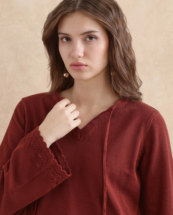Rareism Women Ronzmu Dark Brown Cotton Fabric Full Sleeve Relaxed Fit Top