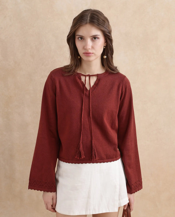 Rareism Women Ronzmu Dark Brown Cotton Fabric Full Sleeve Relaxed Fit Top